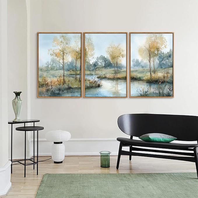 Yeehomedec Large Vintage Neutral Nature Framed Canvas Wall Art, Mid Century Modern Fall Wall Decor, Wilderness Landscape Art Painting, Rustic Country Trees Artwork for Living Room Bedroom Office 16"x24"x3