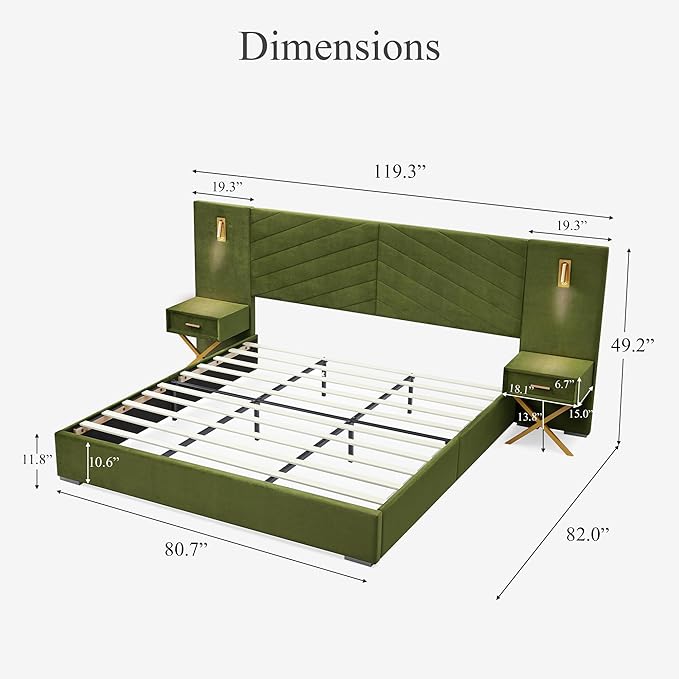 DEINPPA Luxury King Bed Frame with Built-in Gold LED Lights and Nightstands, King Size Platform Bed with Oversize Upholstered Headboard, No Box Spring Needed-Green