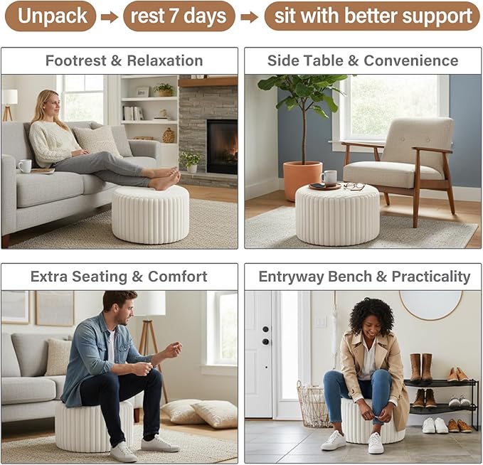 Tiita Round Stuffed Pouf Ottoman, Stripe Faux Fur Poufs with Foam Chunk Filling, Furry and Fluffy Pouf 21×21×12 inch Foot Stool Storage Ottoman,Puff Office Foot Rest for Couch Living Room, Beige