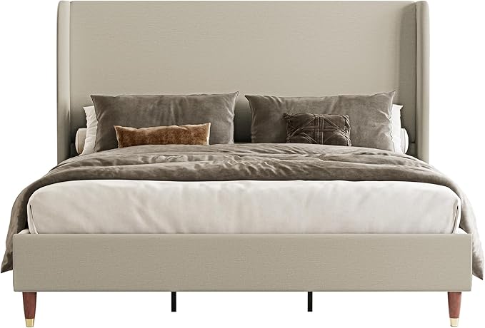 Jocisland 51.2" H Queen Bed Frame Upholstered Bed Platform Bed with Wingback Headboard/No Box Spring Needed/Easy Assembly/Brown