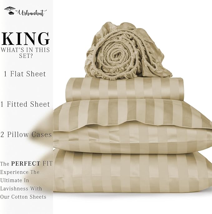 URBANHUT 800 Thread Count 100% Cotton Damask King Size Sheets, 4 Piece Striped King Size Bedsheets, Luxury Hotel Sheets Sateen Weave - Better Than Egyptian, 16" Elasticized Deep Pocket- Sand