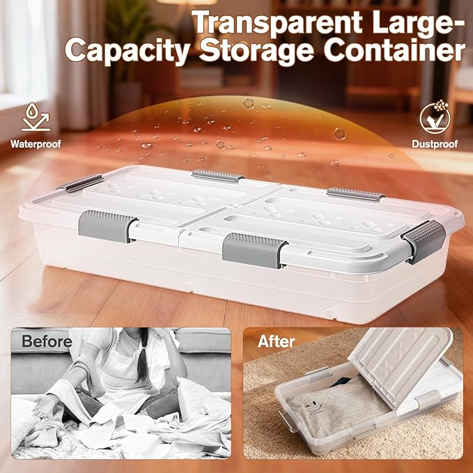 4 PCS*49 Qt Wheeled Latching Under Bed Storage, Double Opening Lids Stackable Bin with Latch Lid, Plastic Container to Organize Shoes Underbed, Clear with White Lid(White)