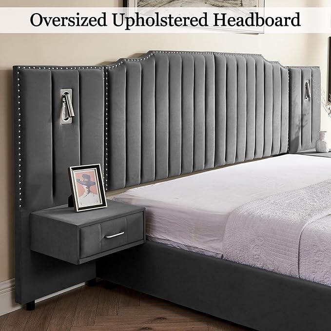 King Size Bed Frame with Storage, Luxury King Platform Bed Frame with Headboard, Velvet Fabric Upholstered Bedframe with LED Lights, Solid Frame & Bedside Table, No Box Spring Needed, Gray