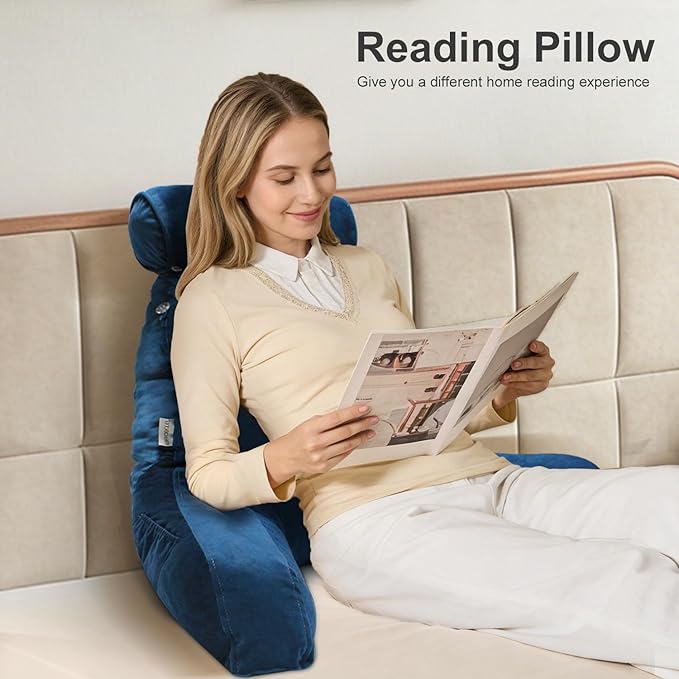 mittaGonG Reading Pillow for Sitting in Bed Adult with Detachable Neck Roll & Big Backrest Pillow for Bed Sitting up with Arms Side Pocket Shredded Foam Back Pillows Chair Pillow with Washable Cover
