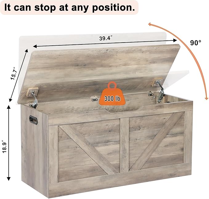 Timberer 39.4" Storage Chest, Wooden Storage Bench, Large Storage Trunk with 2 Safety Hinges, Entryway Shoes Bench for Living Room, Bedroom, Grey
