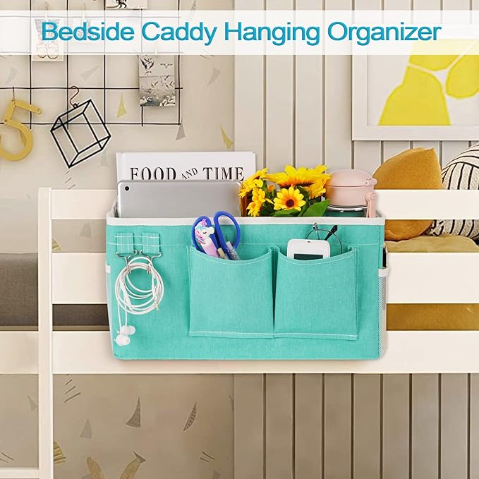 Loghot Bedside Caddy/Bedside Storage Bag Hanging Organizer for Bunk and Hospital Beds,Dorm Rooms Bed Rails,Can be Placed Glasses,Books,Mobile Phones,Keys (2pc Green)