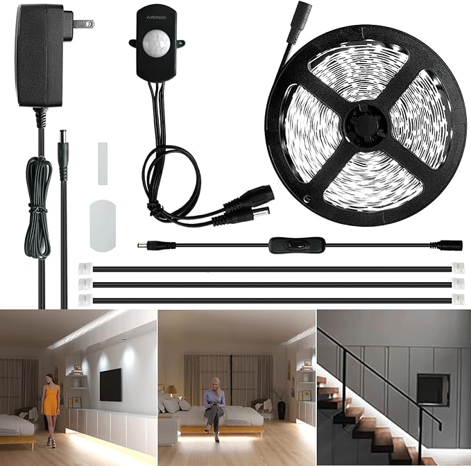 Sensky 19.7ft/6m Motion Activated LED Strip Light Kit with FCC Listed Adapter for Gun Safe, Under Cabinet, Under Bed, Pantry, Kitchen, Stairway, Closet Lighting (Cool White,Upgraded Version)