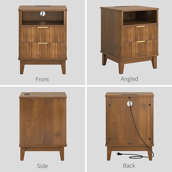 Night Stand with Charger Station, Fluted Nightstand with Drawers and Storage Shelf, Mid Century Modern Bedside Table Nightstands, Large Bed Side Table Wood Night Stands for Bedroom Living room