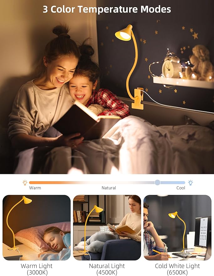 Desk Lamp Clip on Lamp for Bed Headboard LED Reading Light for Bed, 3 Colors 10 Dimmable Brightness, Book Light for Reading in Bed Flexible Neck Clip on Light Clamp Lamp for Bed Desk(Yellow)