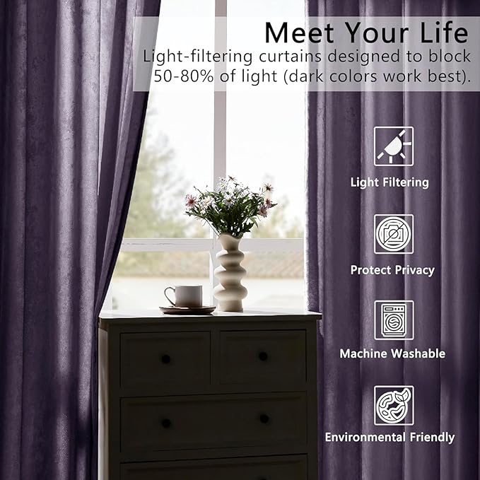 SMILETIME Lilac Purple Crushed Velvet Curtains 52x90 inch Luxurious Thermal Insulated Soundproof Drapes for Living Room Bedroom Office Soft and Durable Light-Filtering Window Treatments, 2 Panels