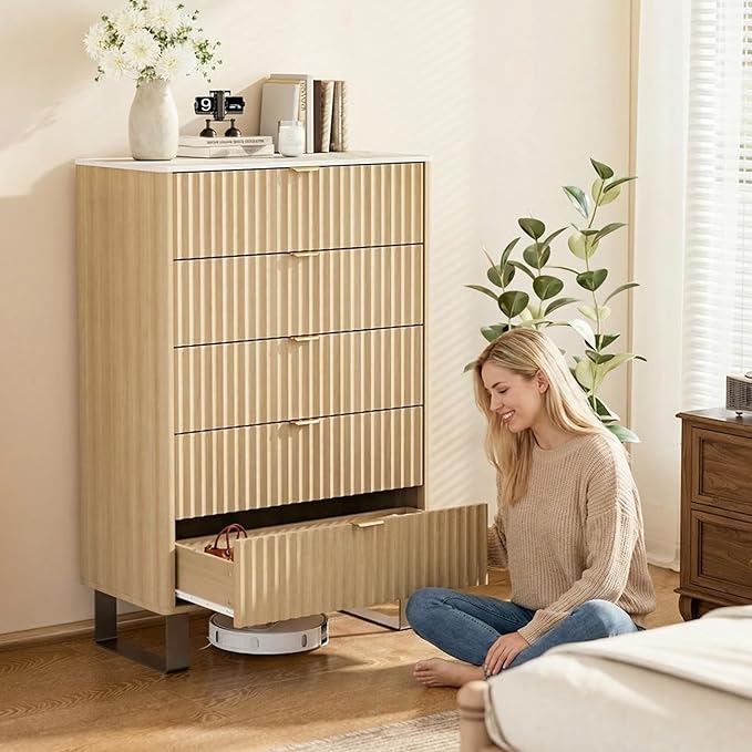 Fluted 5 Drawers Dresser, 48" H Modern Country Storage Dressers with Brushed Metal Handles, Wood Storage Organizers for Bedroom, Living Room, Hallway, Beige