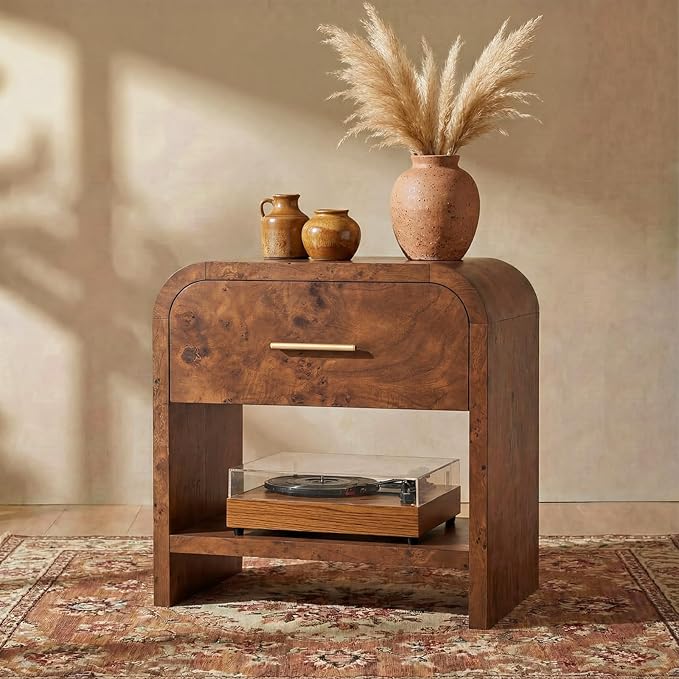 Night Stand [Unique Curved Profile] [FSC-Certified Wooden Board] 1-Drawer and 1 Storage Shelf Nightstand 24" H Metal Handle Modern Bedside Table Side Table End Table