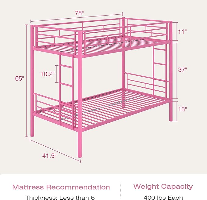VECELO Bunk Bed Twin Over Twin, Metal Bunkbeds with Ladder and Full-Length Guardrail, No Box Spring Needed, Space Saving, Noise Free, Light Pink