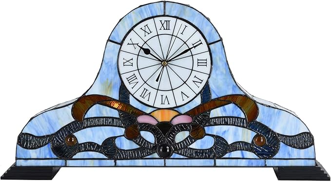 Bieye L10661 Baroque Desk Clock Tiffany Style Stained Glass Accent Table Lamp for Living Room Bedside Home Decoration, Night Light with Quartz Watch Inside (Blue)