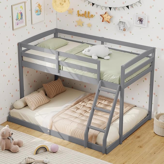 KOMFOTT Low Bunk Bed Twin Over Full, Solid Wood Twin Bed Frame with Built-in Ladder & Safety Guardrails, Space-Saving Low Bunk Bed for Kids, Teens, No Box Spring Needed