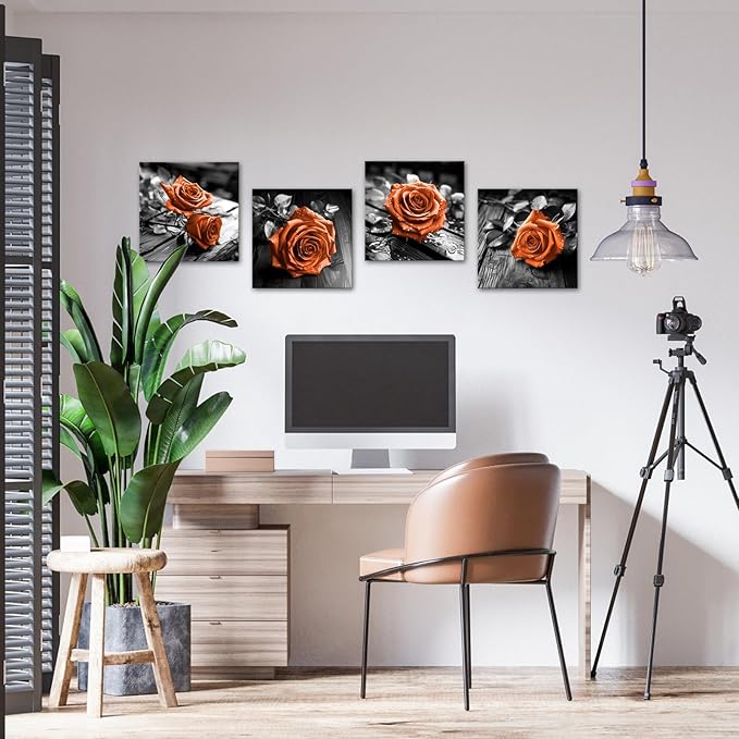 VANSEEING 4 Pieces Orange and Black Rose Flower Canvas Wall Art Floral Pictures Prints Modern Romantic Artwork Wall Decor for Valentine's Day Living Room Bedroom 12x12inchx4Pcs