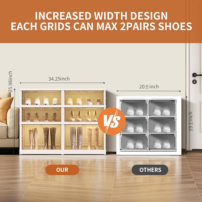 3-Tier Foldable Shoe Rack Organizer for Closet 12Pairs Plastic Shoe Shelf Collapsible Shoes Storage Box Clear Shoe Boxes Stackable with Door Easy Assembly Shoe Cabinet with Lids Large