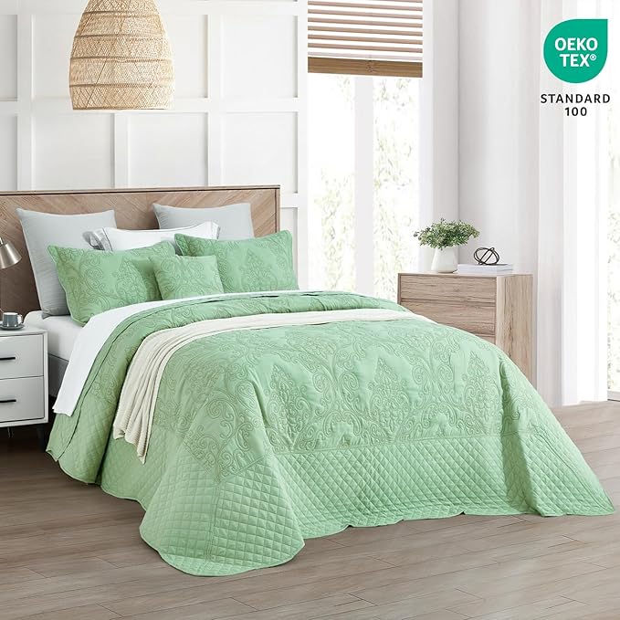CHIXIN Bedspread Coverlet Quilt Set Full Size - Lightweight Bedding Cover - Beautiful Stitching - 5 Piece Reversible Bedspread - Luxury Damask Paisley Pattern (Full, Peak Green)