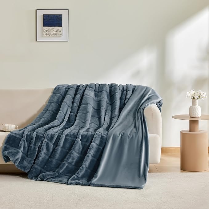 Sophia & William Throw Blanket for Couch Sofa(90x90 Inches) - Faux Fur Throw Soft Cozy, Gifts for Women, Blue