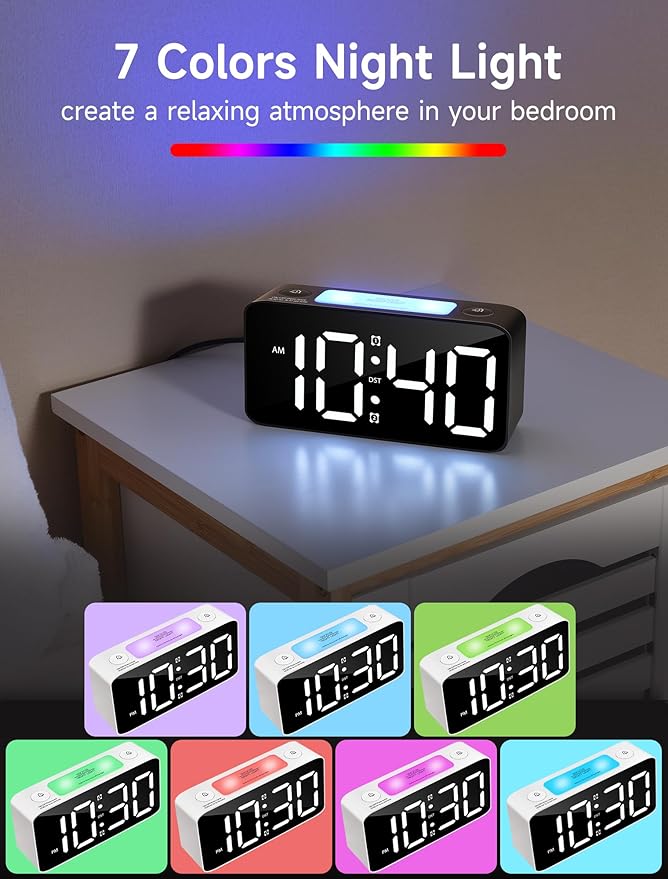 Cadmos Loud Alarm Clock for Heavy Sleepers Adults,Digital Clock with 7 Color NightLight,Adjustable Volume,USB Charger,Small Clocks for Bedrooms Bedside,ok to Wake for Kids,Teens (Blue+RGB)