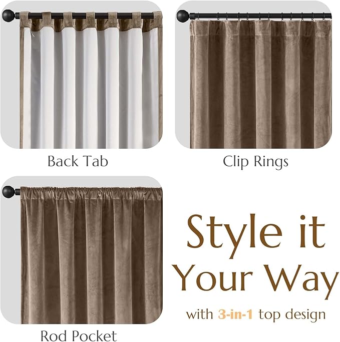 Lazzzy Dark Brown 84 Inch Long (52 x 84 Inch) Blackout Velvet Curtains Thermal Insulated Blackout Curtain Drapes Luxury Back Tab Window Treatments for Bedroom Living Room 2 Panels, Truffle