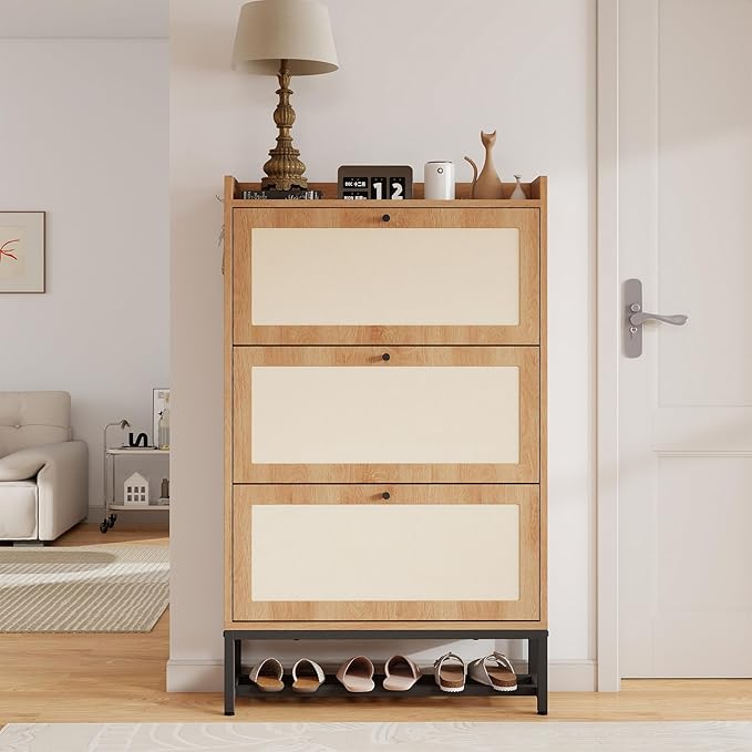 Slim Entryway Shoe Storage Cabinet with 3 Flip Drawers, Modern Freestanding Shoes Organizer Holds 16-20 Pairs, Closed Shoe Storage for Hallway, Foyer - Space-Saving Wood Shoe Cabinet