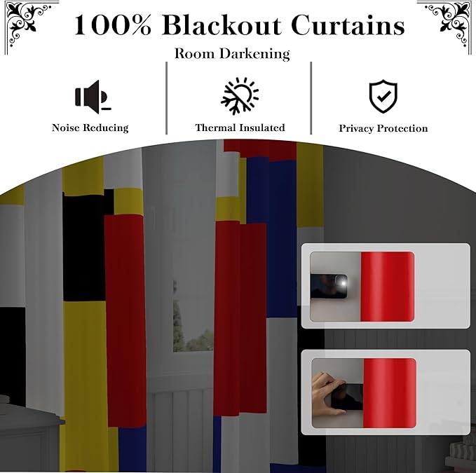 Colorful 100% Blackout Curtains for Bedroom 96 inch Long 2 Panels Set Red Yellow Modern Abstract Geometric Black Out Curtains Insulated Room Darkening Window Drapes for Living Room, 52Wx96L