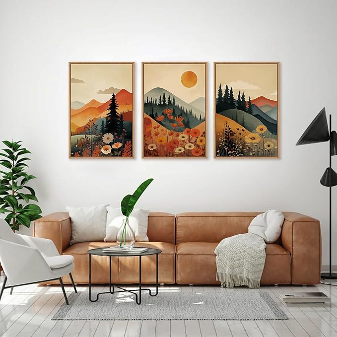 LHIUEM Large Boho Mountain Sunset Framed Canvas Wall Art Set, Pine Tree Flowers Wall Decor, Nature Landscape Forest Artwork for Living Room,Bedroom,Dining Room,Office -16"x24"x3