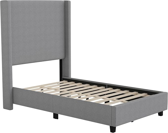 EMMA + OLIVER Nora Twin Size Faux Linen Upholstered Platform Bed with Plush Padded Wingback Headboard (No Box Spring Needed), Modern Upholstered Headboard Twin Bed Frame, Gray