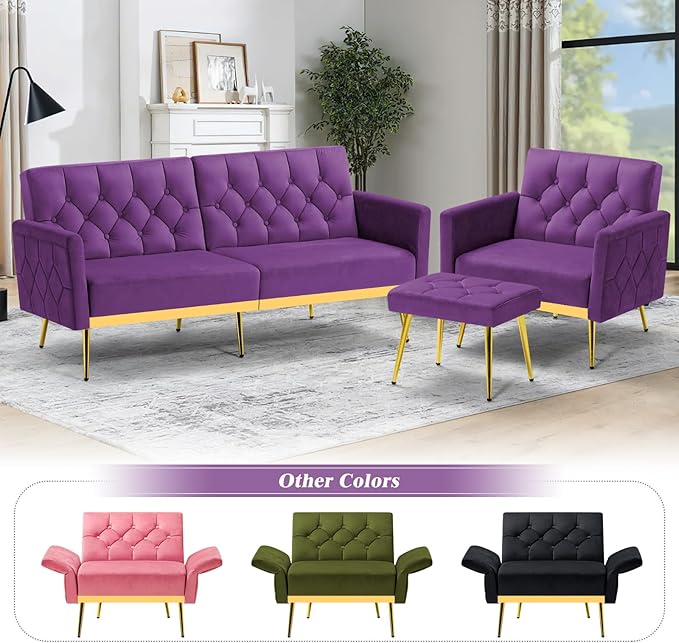 Velvet Accent Chair w/Adjustable Armrests and Backrests, Tufted Single Sofa with Ottoman, Upholstered Reading Chiar for Living Room, Apartment, Bedroom, Purple