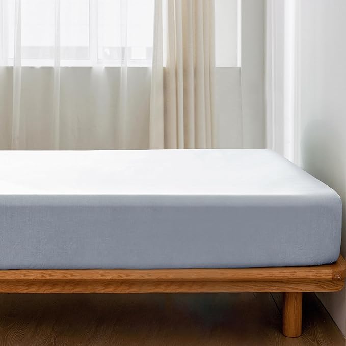 MooMee Fitted Bottom Sheet Only 100% Washed Cotton Linen Like Textured Breathable Durable Soft Comfy Deep Pocket Fits Mattress up to 17" (Cornflower Blue, Queen)
