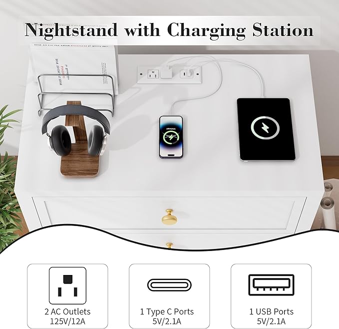 COWMOU Nightstand with Drawers 3 Drawer Night Stand with Charging Station Farmhouse Style Large Bed Side Table Wooden Dresser for Bedroom Living Room (1, White)