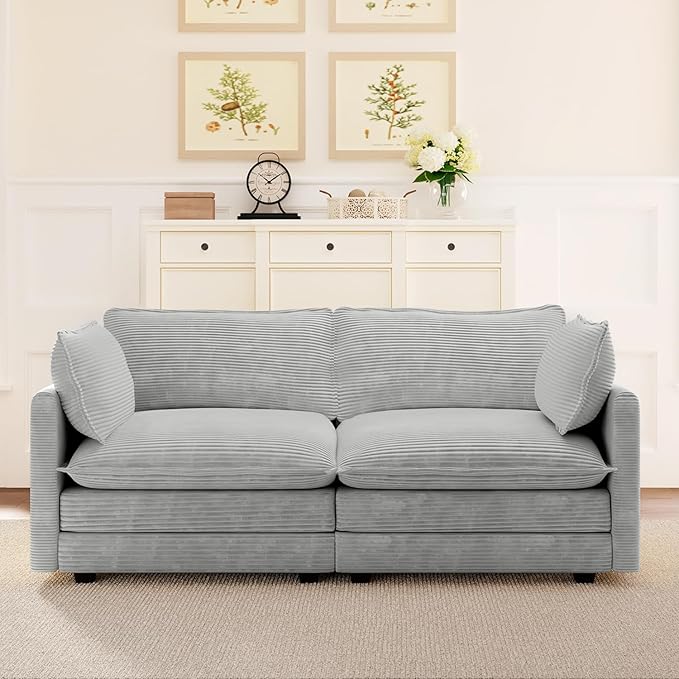 ROWHY 78'' Sectional 2 Seat Cloud Loveseat with 2 Throw Pillows, Modern Corduroy Love Seat, Cozy Sofa for Living Room, Office and Bedroom, Light Grey