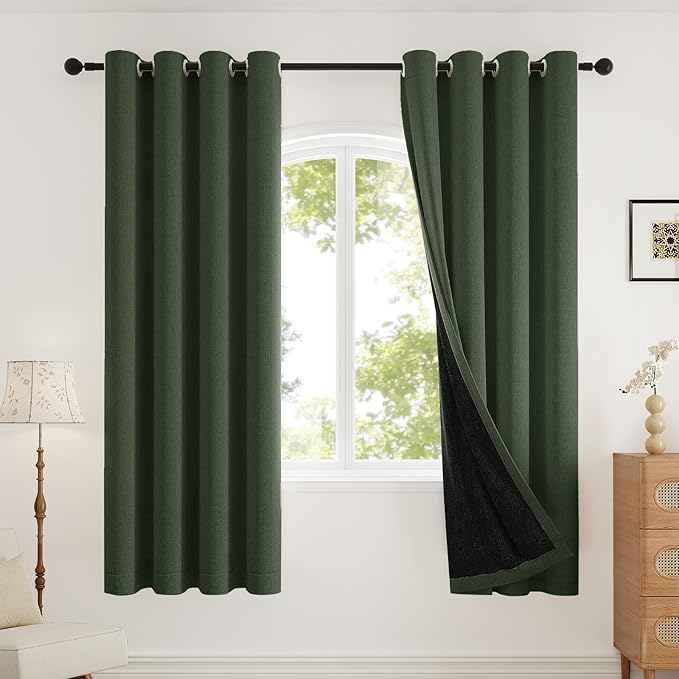 100% Blackout Curtains for Bedroom, Thermal Insulated Curtains 63 Inch Length Curtain 2 Panels, Soft Farmhouse Linen-Look Textured Full Light Blocking Room Darkening Drapes, W52xL63, Olive