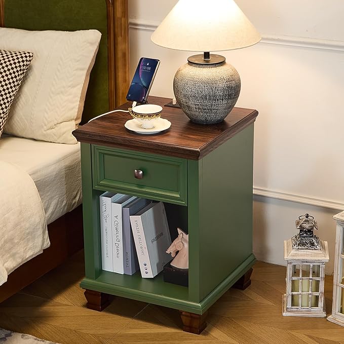 SAVOR LIFE Farmhouse End Tables Living Room with Drawer, Rustic Wood Nightstand with Charging Station, Bedside Table with Open Shelf for Bed Room, Living Room, Green
