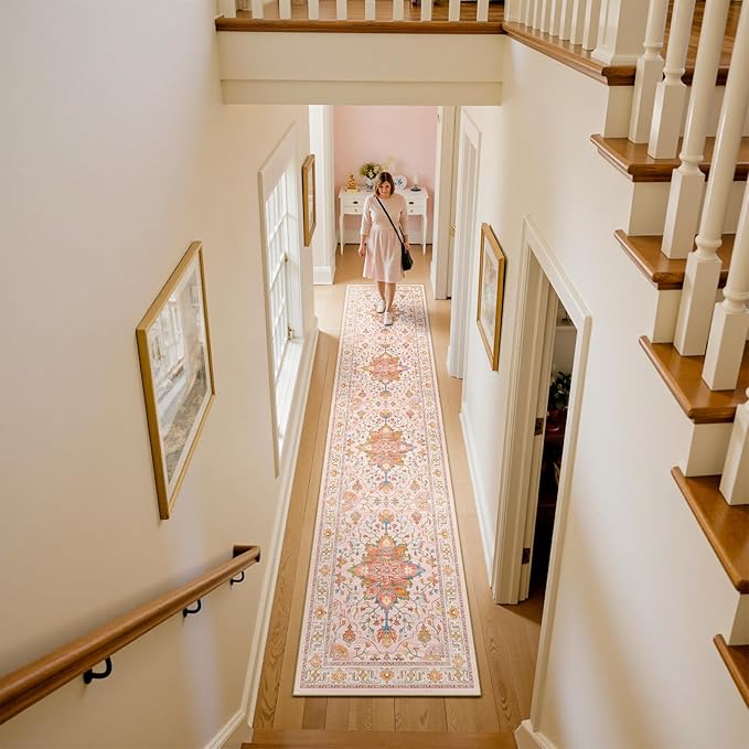 Area Rugs 2'x10' Washable Non-Slip, Floral Vintage Distress Print Pattern Medallion Carpet for Living Room Bedroom Dining Room, Light Pink Colorful