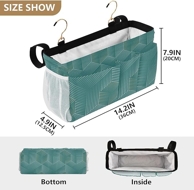 Bedside Caddy Hanging Bunk Bed Caddy Bed Organizer Hanging Pocket with 2 Hooks Bedside Storage Organizer Pocket Bag Holder Geometric Green