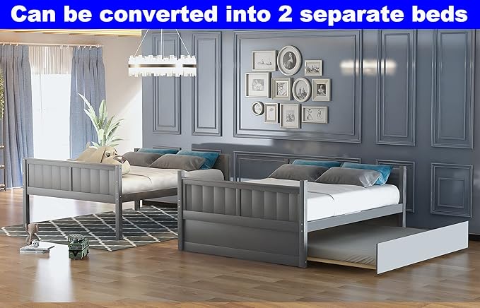 STERXONE Best Thicken Solid Wood Full Over Full Bunk Bed with Trundle, Luxurious Bunk Bed Frame Full Size with Safety Guard Rail and Ladder, Convertible to 2 Beds for Adults, Teens, Kids (Gray)