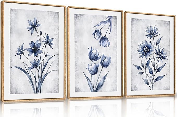 LHIUEM Navy Blue and Grey Flower Framed Canvas Wall Art Set,Modern Botanical Plant Wall Decor,Neutral Wildflower Painting,Watercolor Aesthetic Floral Artwork for Living Room,Bedroom,Office-16''x24''x3