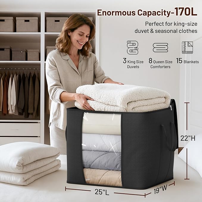 SLEEPING LAMB 170L Huge Blanket Storage Bag, Sturdy Oxford Fabric Comforter Storage Bag with Handles & Window, Foldable Bedding Container Organizer for King-size Duvets, Sheets, Pillows, Clothes,Black