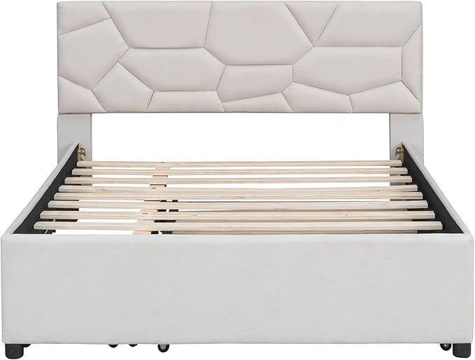 Full Size Bed Frame with Twin Size Trundle and 2 Storage Drawers,Linen Upholstered Platform Bed Frame Full with Brick Pattern Headboard,Solid Wood Slat Support,No Box Spring Needed,Beige