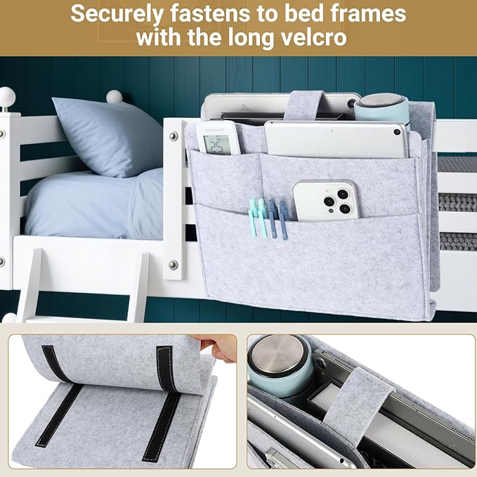 Seefoo Bed Caddy Organizer, Bunk Bed Shelf Caddy with 4 Pockets, Easy Storage as Books, Remotes, Magazine Holder, Sturdy Bedside Organizer for Bed, Bunk, Dorm, Sofa Grey