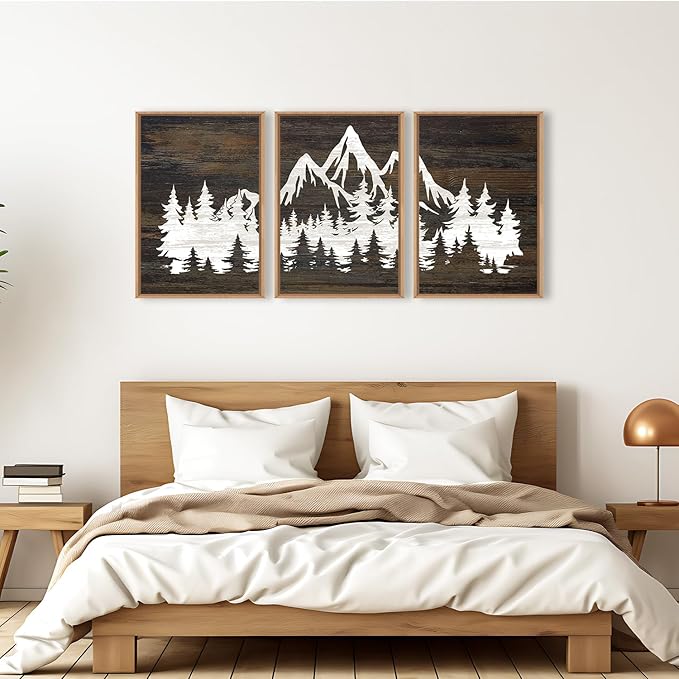 LHIUEM Large Mountain Tree Framed Canvas Wall Art Set,Modern White Forest Art Printing Country Minimalist Wood Wall Decor Farmhouse Zen Artwork for Living Room Bedroom Office-16 x24 x3
