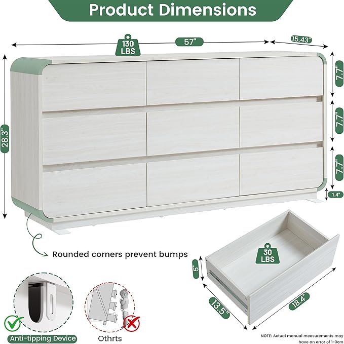 White Dressers of 9 Drawers, Chest Dresser with Deep Drawers, Modern Dresser Closet for Bedroom, Curved Drawer with Large Storage, 57’’ Wide.