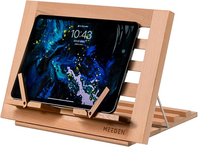 MEEDEN Book Stand with Page Holder Clips, Cookbook Holders for Reading Hands Free, Adjustable Foldable Solid Beechwood MacBook Stand for Laptop Textbook Bible File Documents - 13.39" x 9.25"