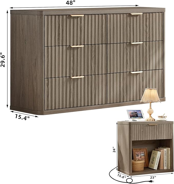 LEYAOYAO 48" Wide Fluted Dresser and 1 Drawers 23" Nightstand Set of 2, Wooden Dresser & Night Stand with Charging Station, 3 Piece Bedroom Furniture Set, Chest of Drawer for Living Room,Grey