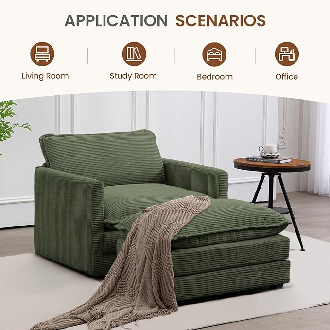 ROWHY Single Armchair with Ottoman, Modern Corduroy Cloud Couch with Convertible Chaise, Upholstered Sofa Set for Living Room, Green