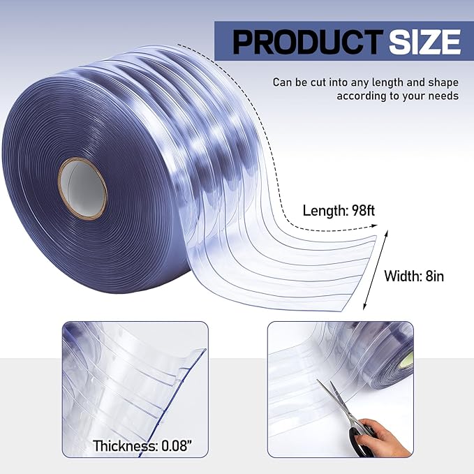 Moukeren Plastic Door Curtain for Winter 100 ft x 8 Inch Thermal Insulated Garage Door Strip Curtains Smooth Waterproof Clear PVC Strip Curtain for Warehouse Freezer Garage, 0.08" Thickness(Striped)