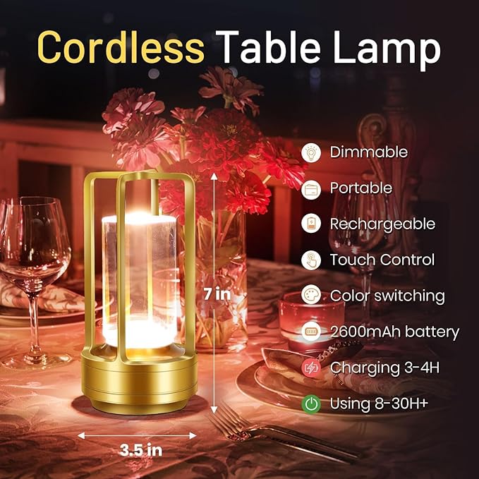 Crystal Lantern Lights Set of 2, Czgor Battery Operated Rechargeable Cordless Crystal Table Lantern Lamp with 3-Color, Small LED Desk Lamp for Indoor/Outdoor Patio Camping Bedroom Bar Restaurant(Gold)