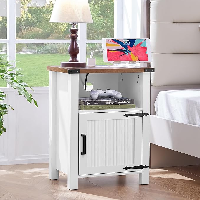 Joaxswe Antique White Nightstand Set of 2, 18 Inch Farmhouse Night Stand with Charger Station and USB Port, Modern Couch Side Table with Magnetic Door and Storage Shelf, Bedside Tables for Bedroom